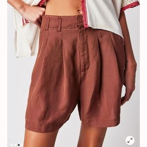 Free People High-Waist Pleated Linen Blend Shorts — Rust Brown